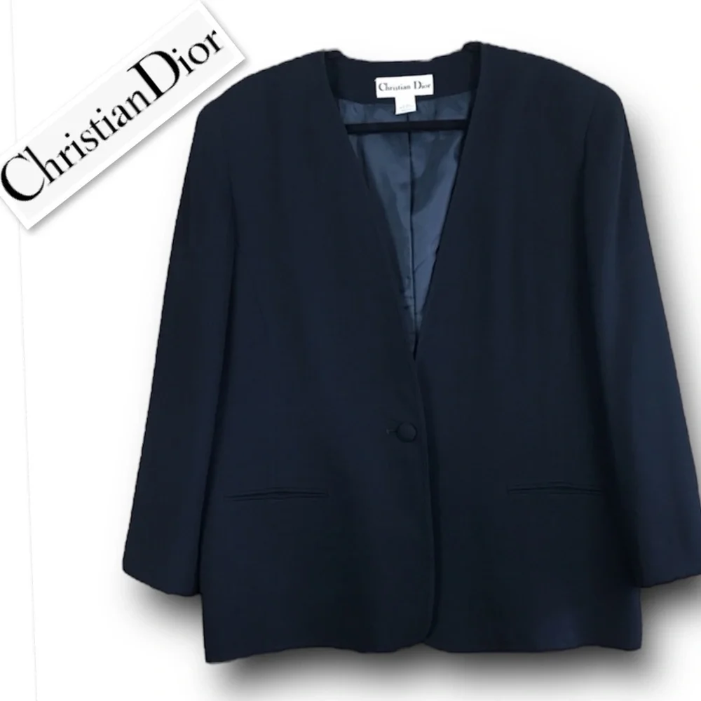 Vintage 1990s Christian Dior Jacket Black Crepe Tailored In USA Collarless Sz 16